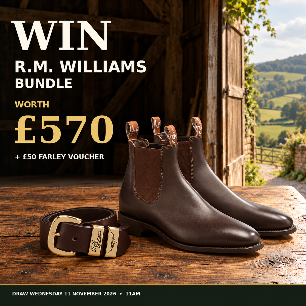 R.M. Williams boots and chestnut leather belt with gold buckle, bundle worth £570 including a £50 Farley voucher.