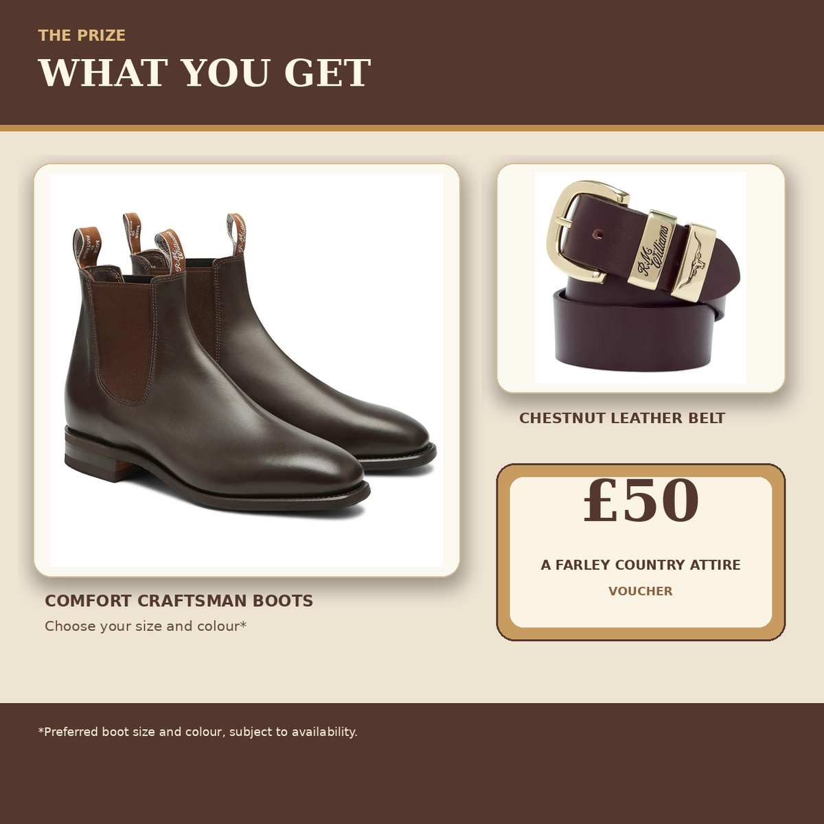 R.M. Williams bundle contents: Comfort Craftsman boots, chestnut leather belt, and £50 A Farley Country Attire voucher.