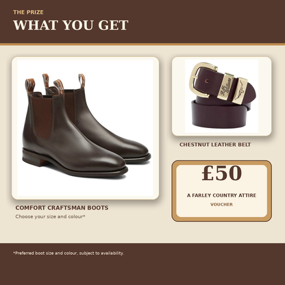 R.M. Williams bundle contents: Comfort Craftsman boots, chestnut leather belt, and £50 A Farley Country Attire voucher.